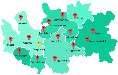 A map with the towns we provide lawn care services for which include: Tarporley, Chester, Whitchurch, Nantwich, Altrincham, Wilmslow, and other towns in the nearby area.
